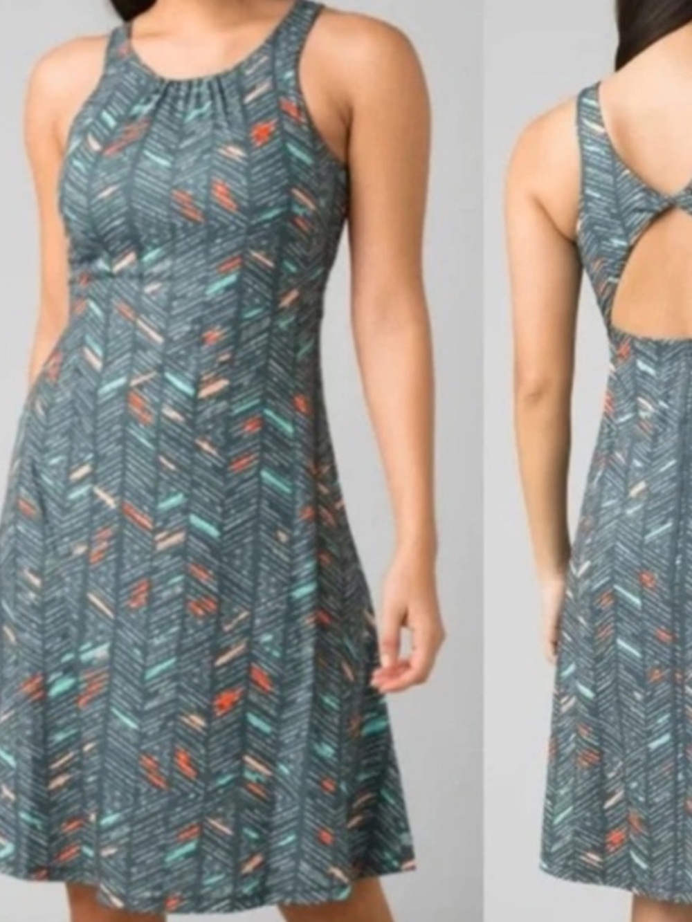 Prana Skypath Dress Chalkboard Sketch Grey Open Back Athletic Dress Size L NWT